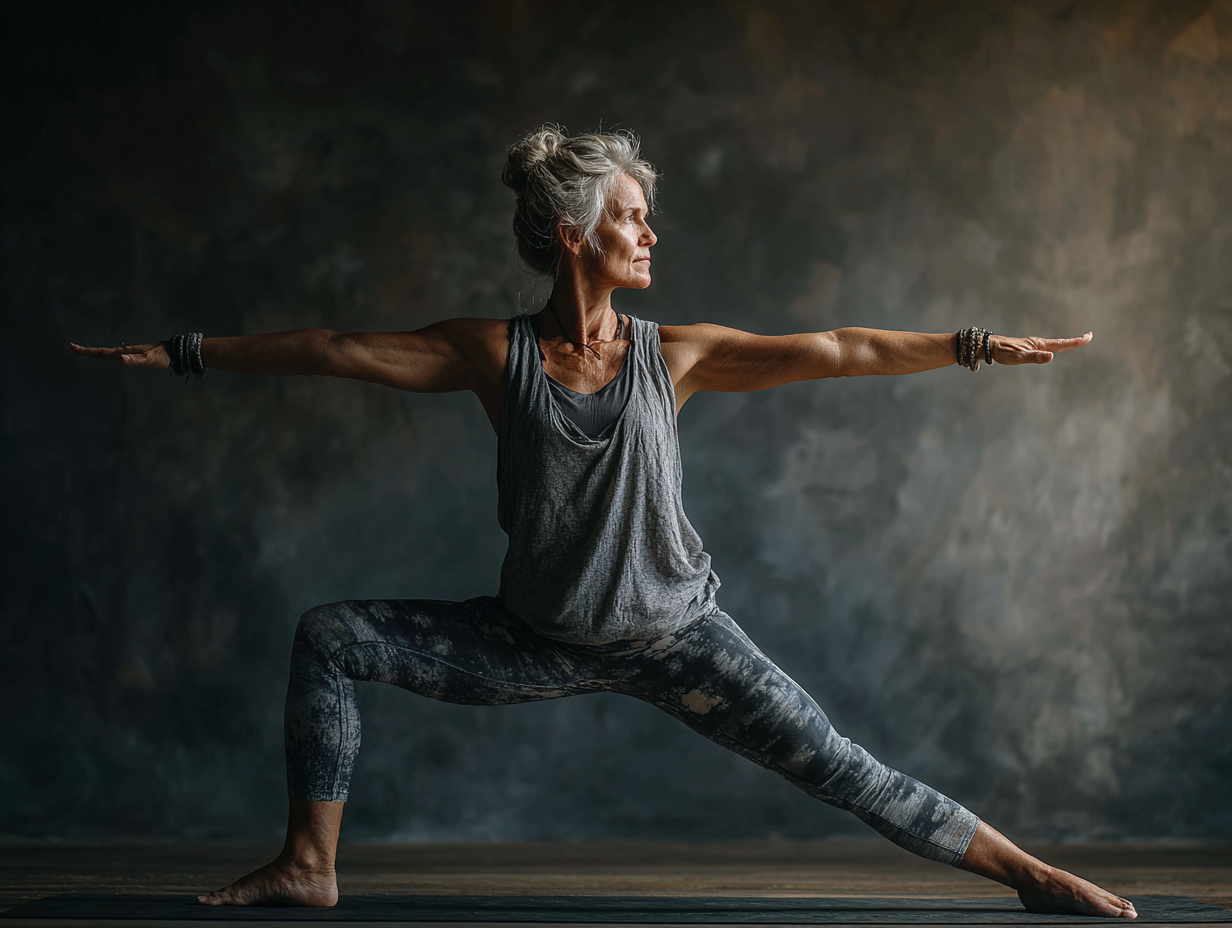 Група людей зрілого віку займається йогою в затишній студії